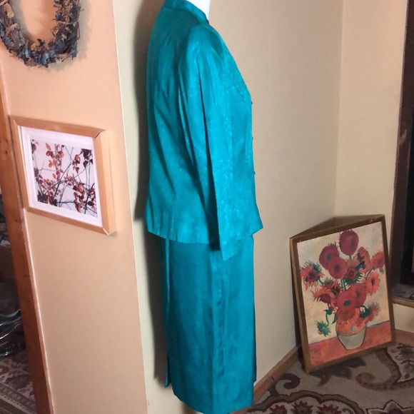 Vtg Y2K ADRIANNA PAPELL Size 12 Safe Silk Emerald 100% Silk Skirted Suit Asian - Picture 5 of 16
